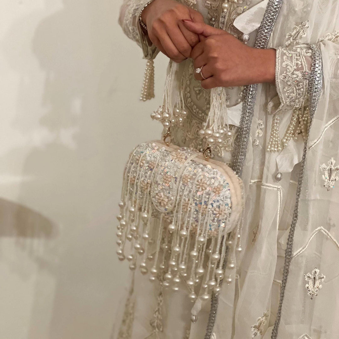 Handmade Ivory Sequin Bridal Clutch with Beaded Tassels
