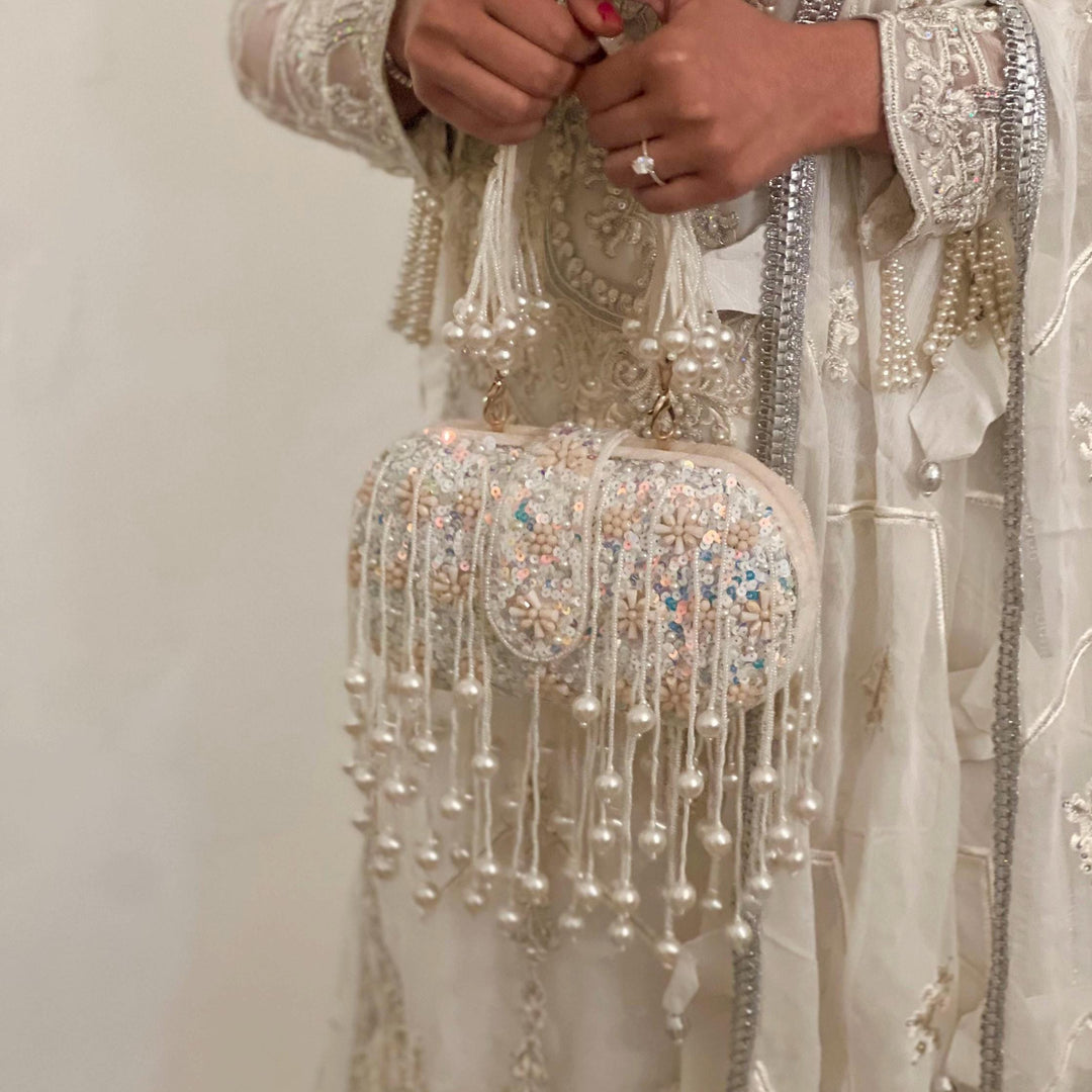 Handmade Ivory Sequin Bridal Clutch with Beaded Tassels
