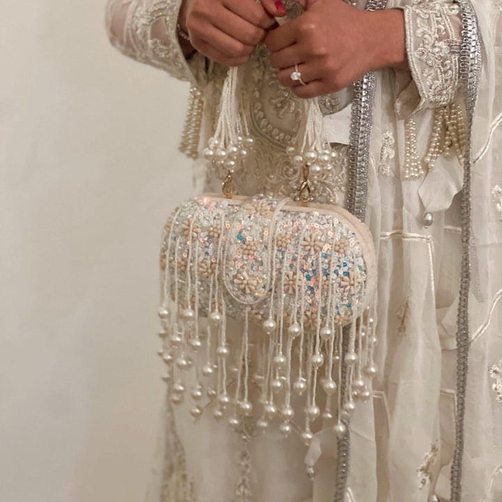 Handmade Ivory Sequin Bridal Clutch with Beaded Tassels