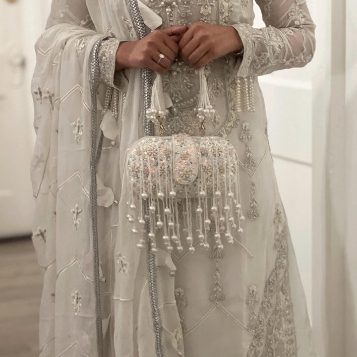 Handmade Ivory Sequin Bridal Clutch with Beaded Tassels