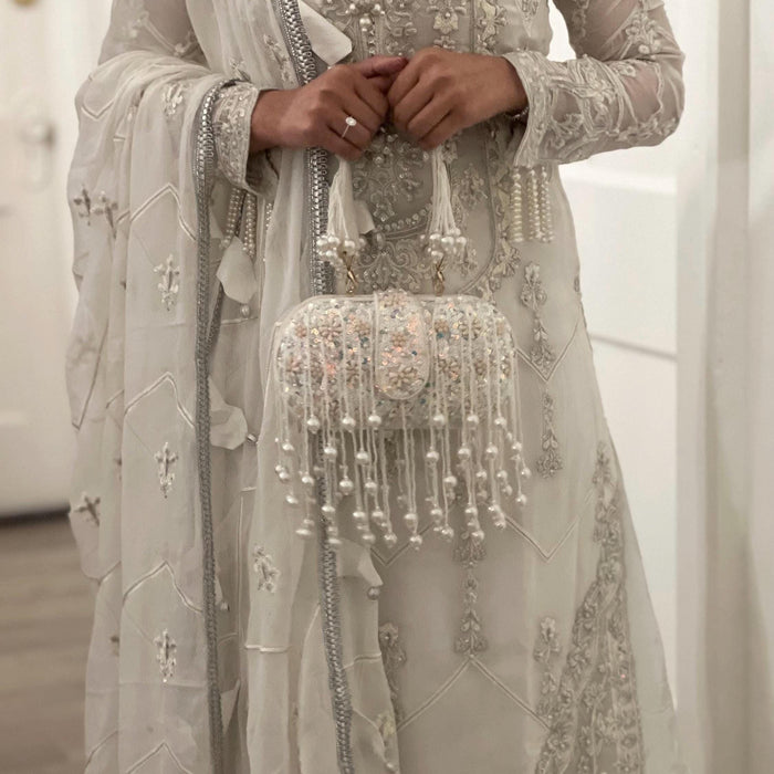 Ivory Sequin Bridal Clutch with Beaded Tassels