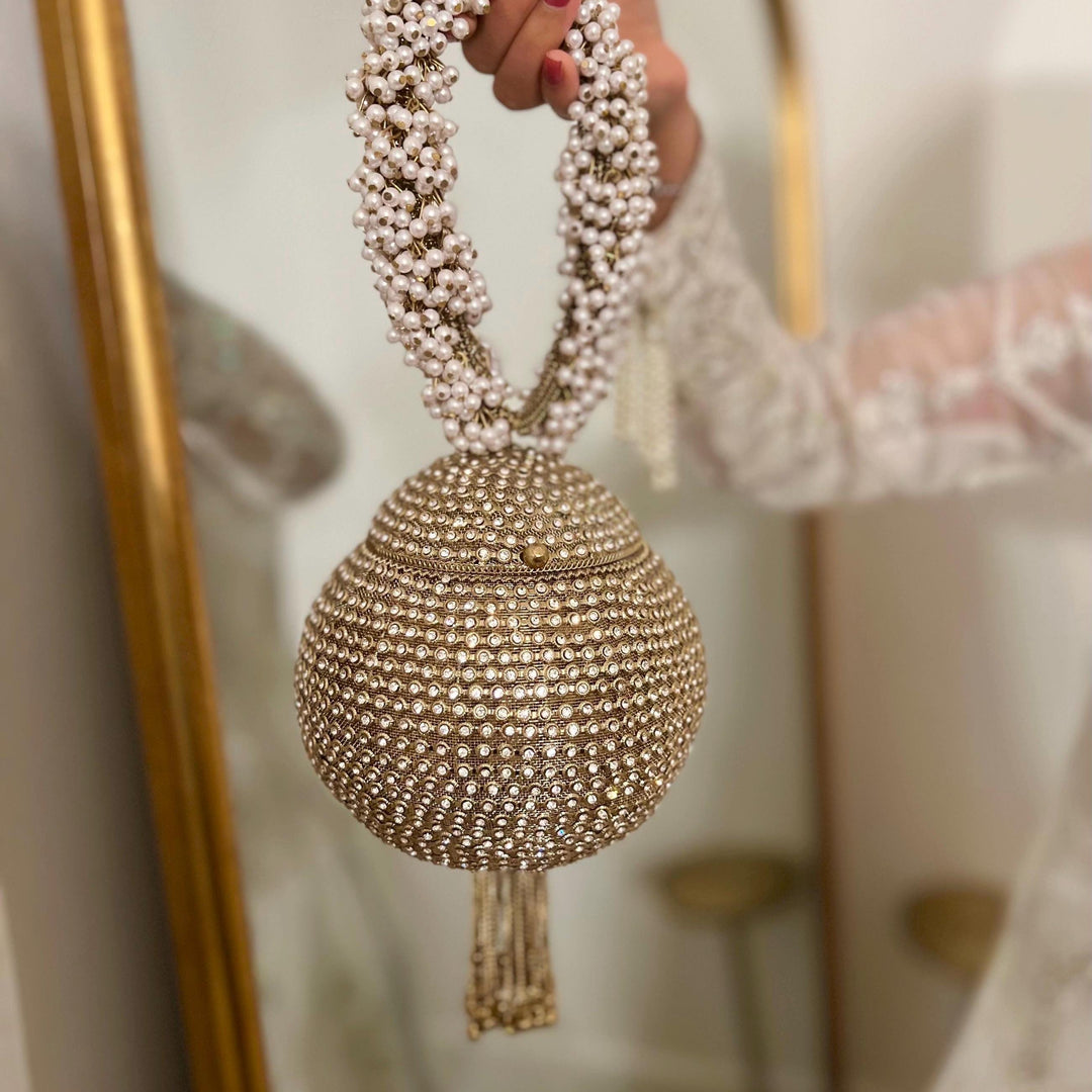 Crystal Bridal Clutch Bracelet Bag: Ethnic Wedding Potli, Brass Metal Evening Purse