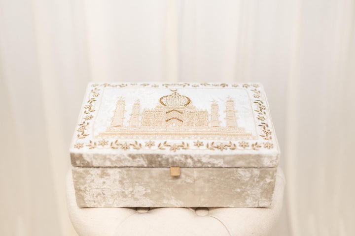 Taj Mahal Inspired Bridal Keepsake Box: Gold Zardozi Embroidered Velvet Jewelry Storage
