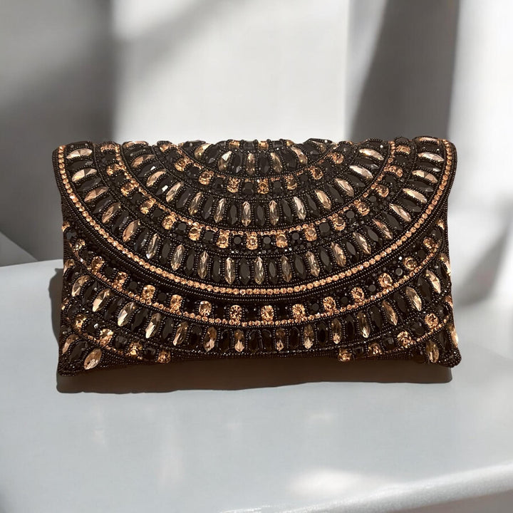 Black Crystal Evening Clutch: Handmade Beaded Wristlet Bridal Bag