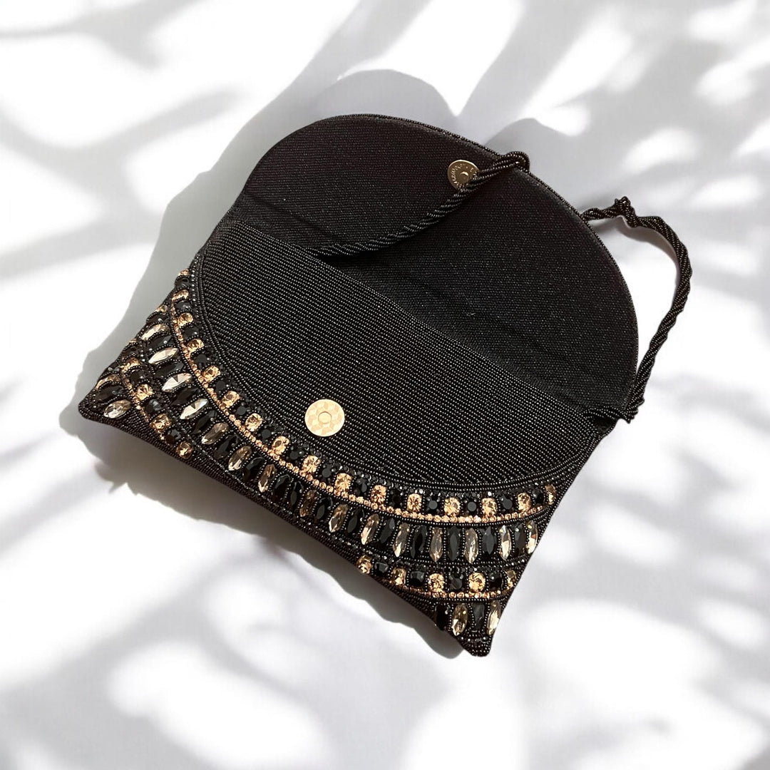Black Crystal Evening Clutch: Handmade Beaded Wristlet Bridal Bag