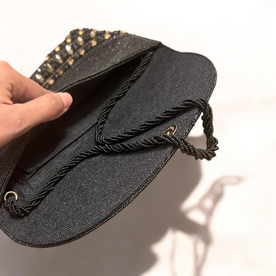 Black Crystal Evening Clutch: Handmade Beaded Wristlet Bridal Bag