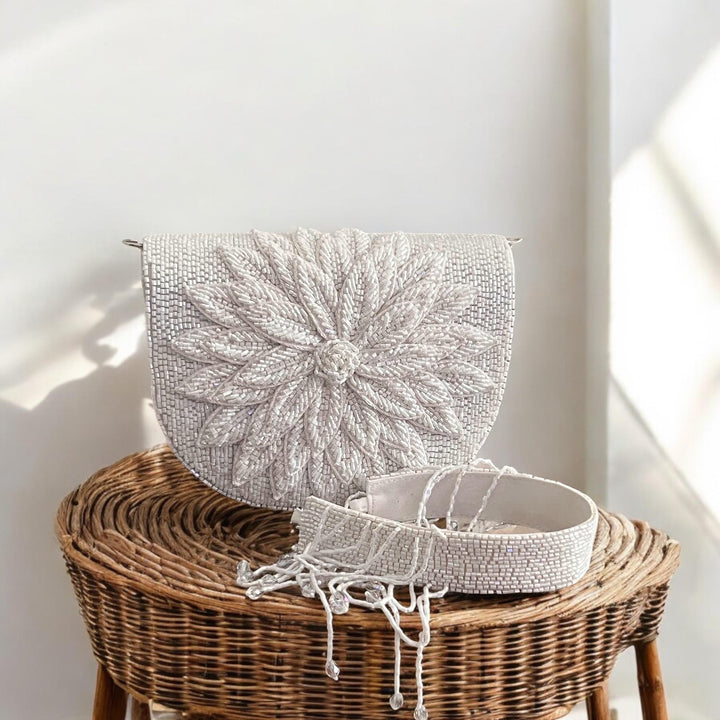 White Beaded Bridal Clutch: 3D Flower Wedding Purse
