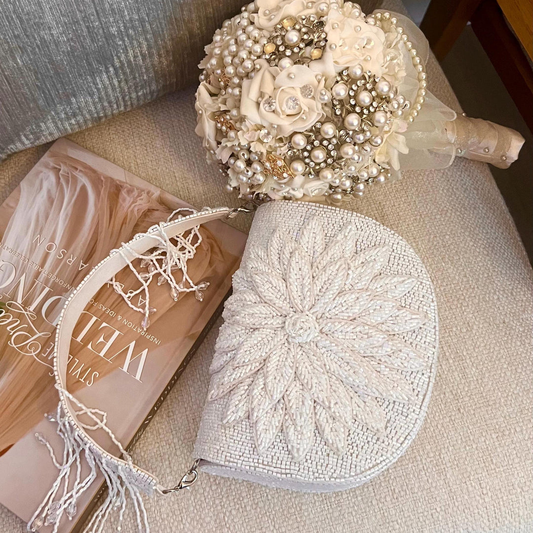 White Beaded Bridal Clutch: 3D Flower Wedding Purse