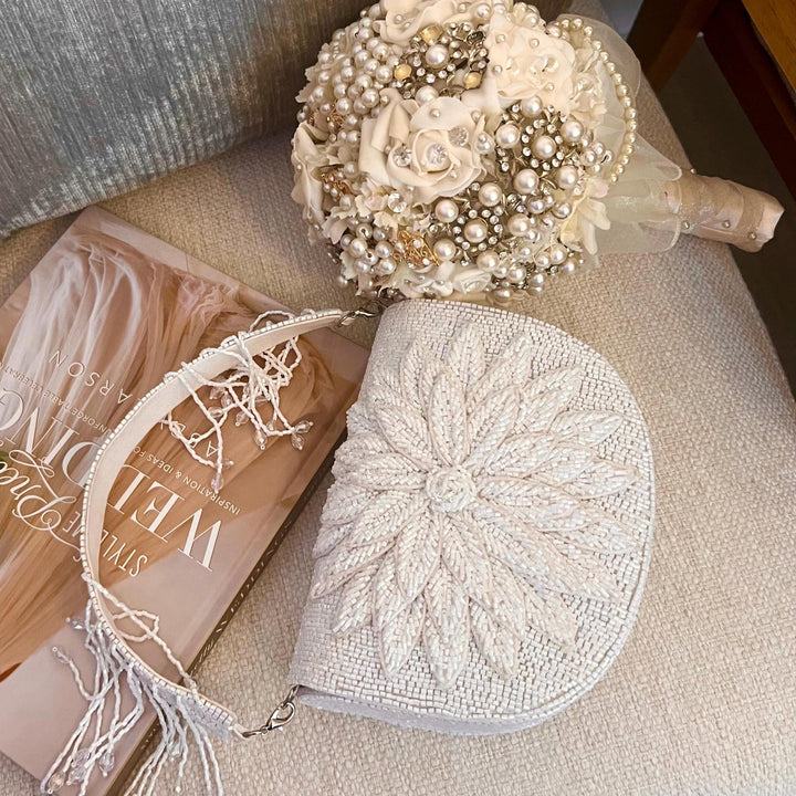 White Beaded Bridal Clutch: 3D Flower Wedding Purse