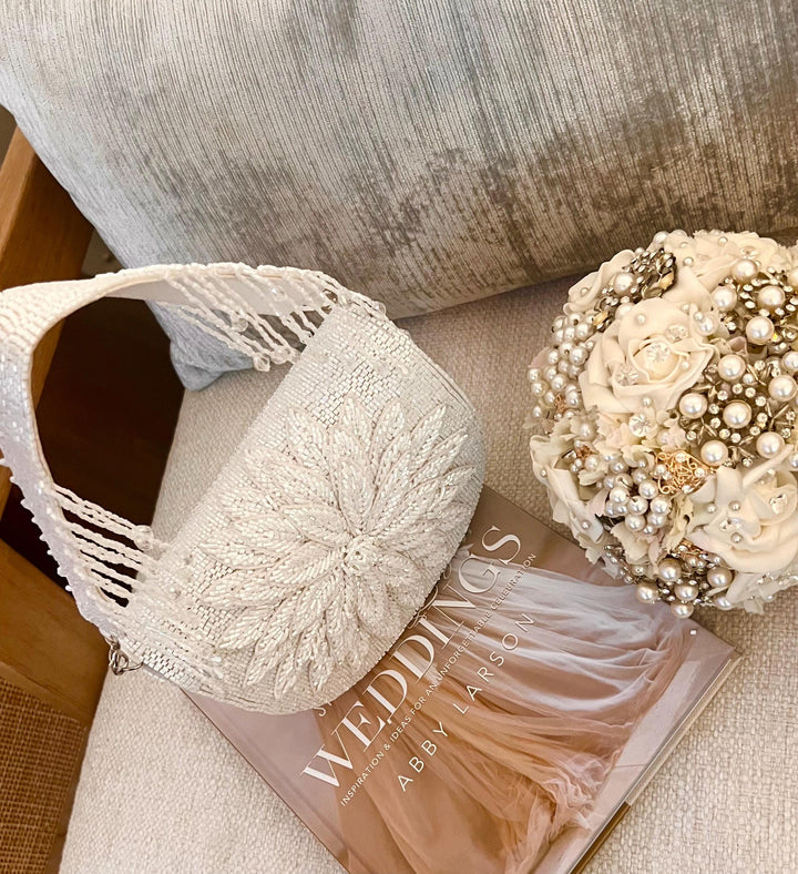 White Beaded Bridal Clutch: 3D Flower Wedding Purse