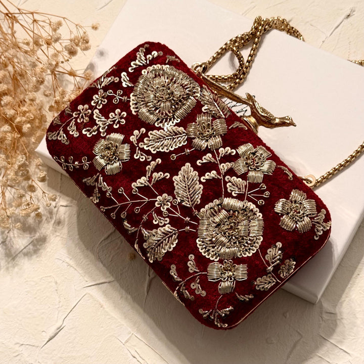 Maroon Velvet Bridal Clutch: Handmade Zardosi Indian Evening Bag