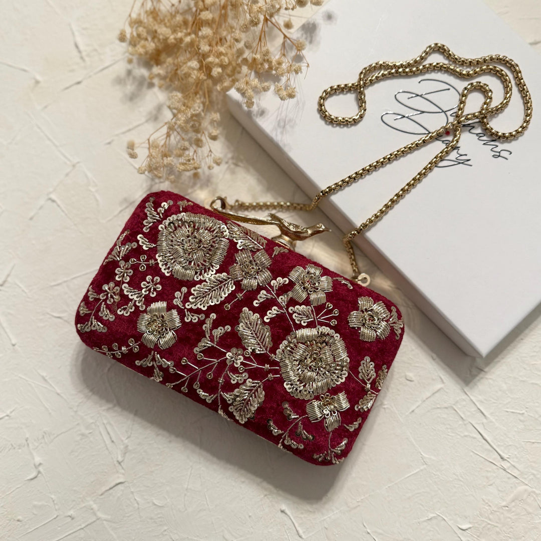 Maroon Velvet Bridal Clutch: Handmade Zardosi Indian Evening Bag