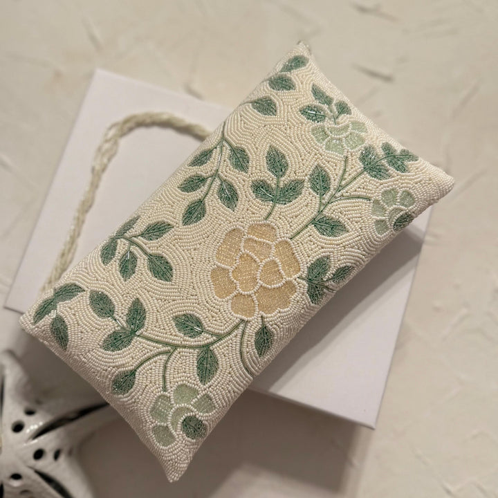 Handmade Beaded Floral Clutch: Ivory Raw Silk Evening Bag