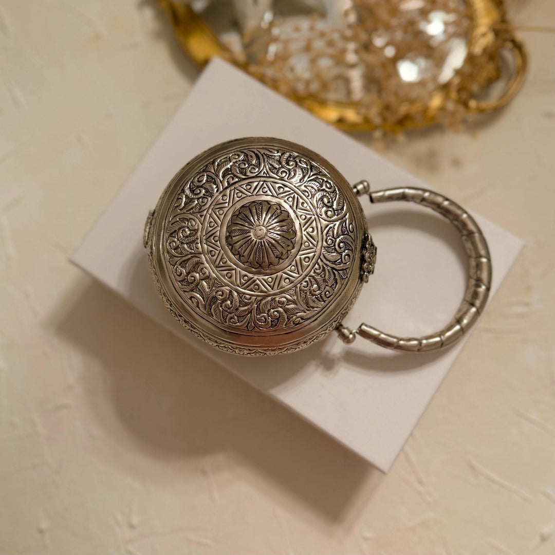 Silver Statement Clutch: Round Brass Mini Handbag with Velvet Lining