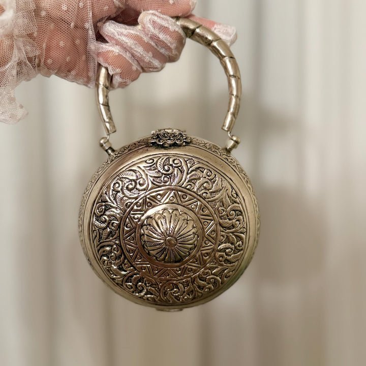 Silver Statement Clutch: Round Brass Mini Handbag with Velvet Lining