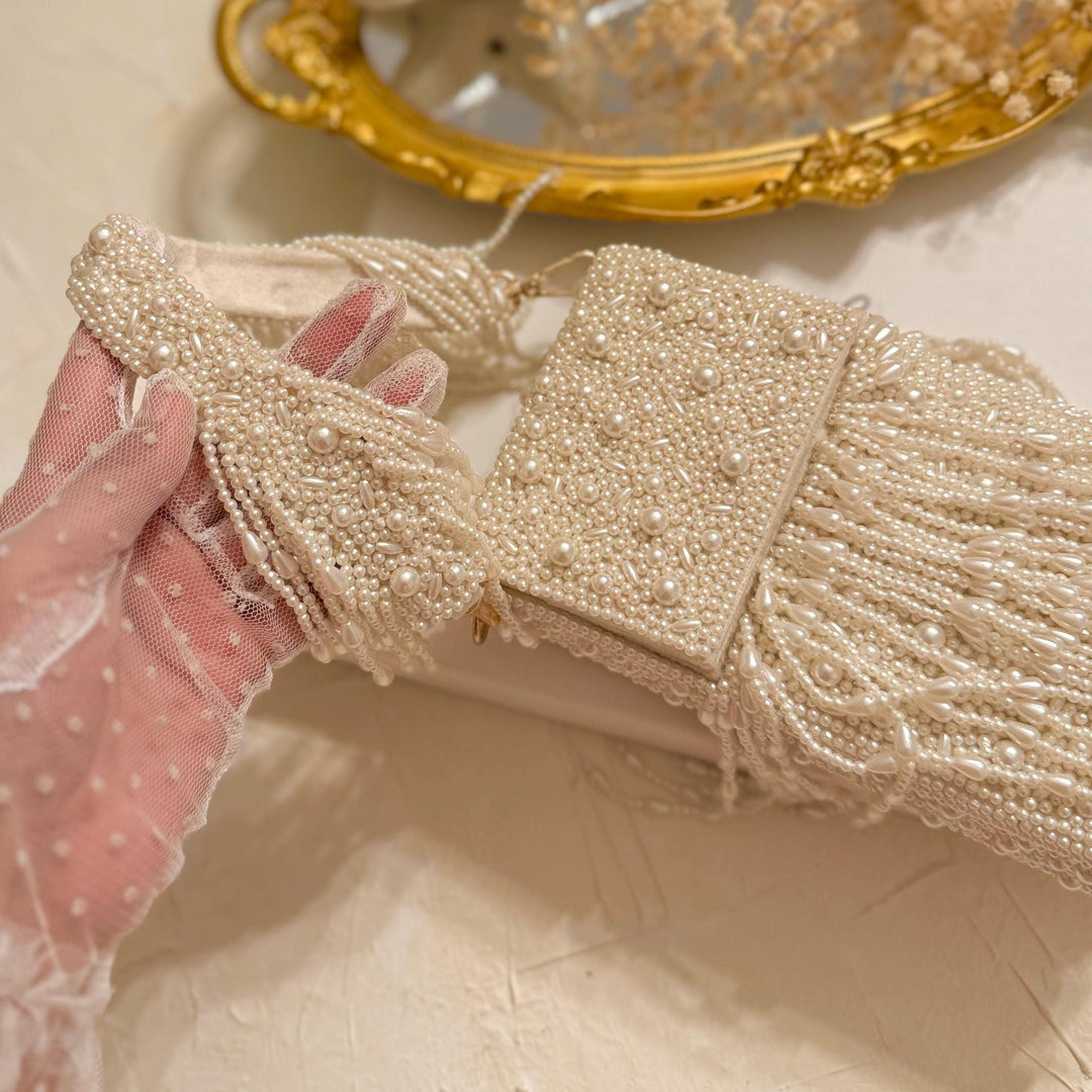 Ivory Beaded Mobile Clutch: Pearl Handle Bridal Purse