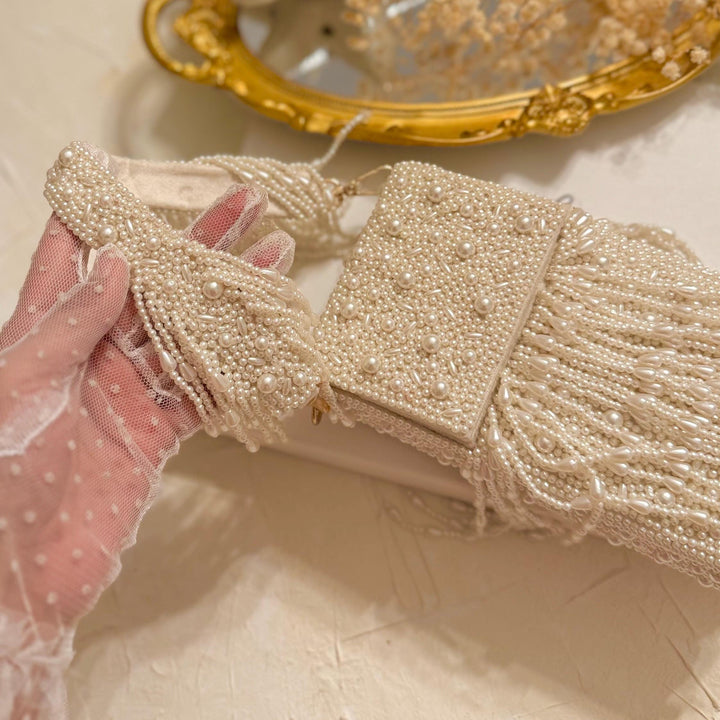 Ivory Beaded Mobile Clutch: Pearl Handle Bridal Purse
