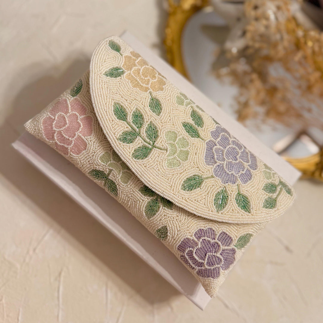 Handmade Beaded Floral Clutch: Ivory Raw Silk Evening Bag