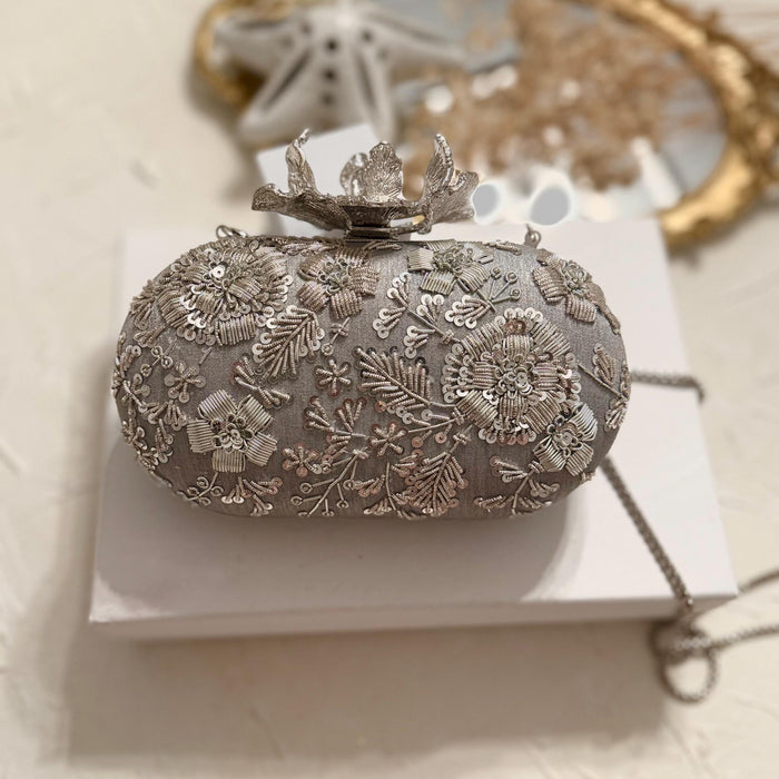 Silver Zardosi Clutch Complete your bridal look with our stunning