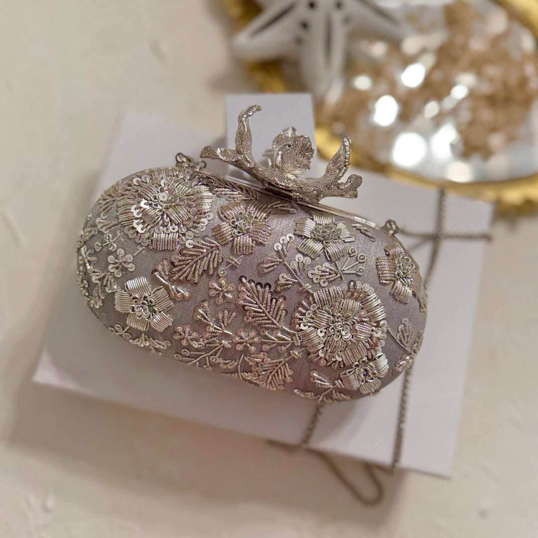 Silver Zardosi Clutch: Raw Silk Bridal Evening Bag