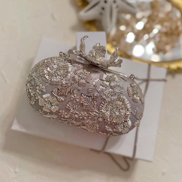 Silver Zardosi Clutch: Raw Silk Bridal Evening Bag
