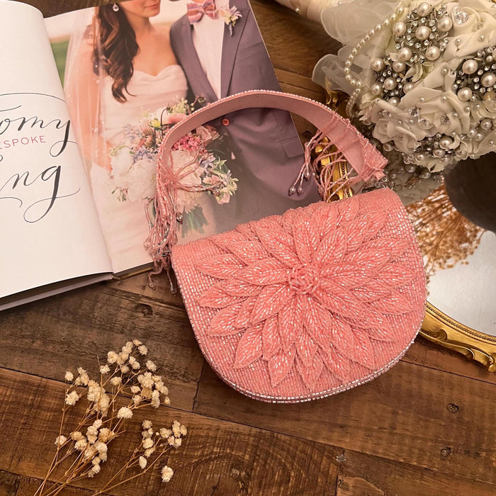 Beaded Pink Bridal Clutch: 3D Cutwork Flower Evening Bag