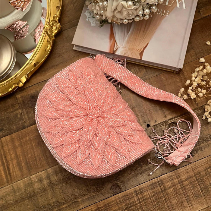 Beaded Pink Bridal Clutch: 3D Cutwork Flower Evening Bag