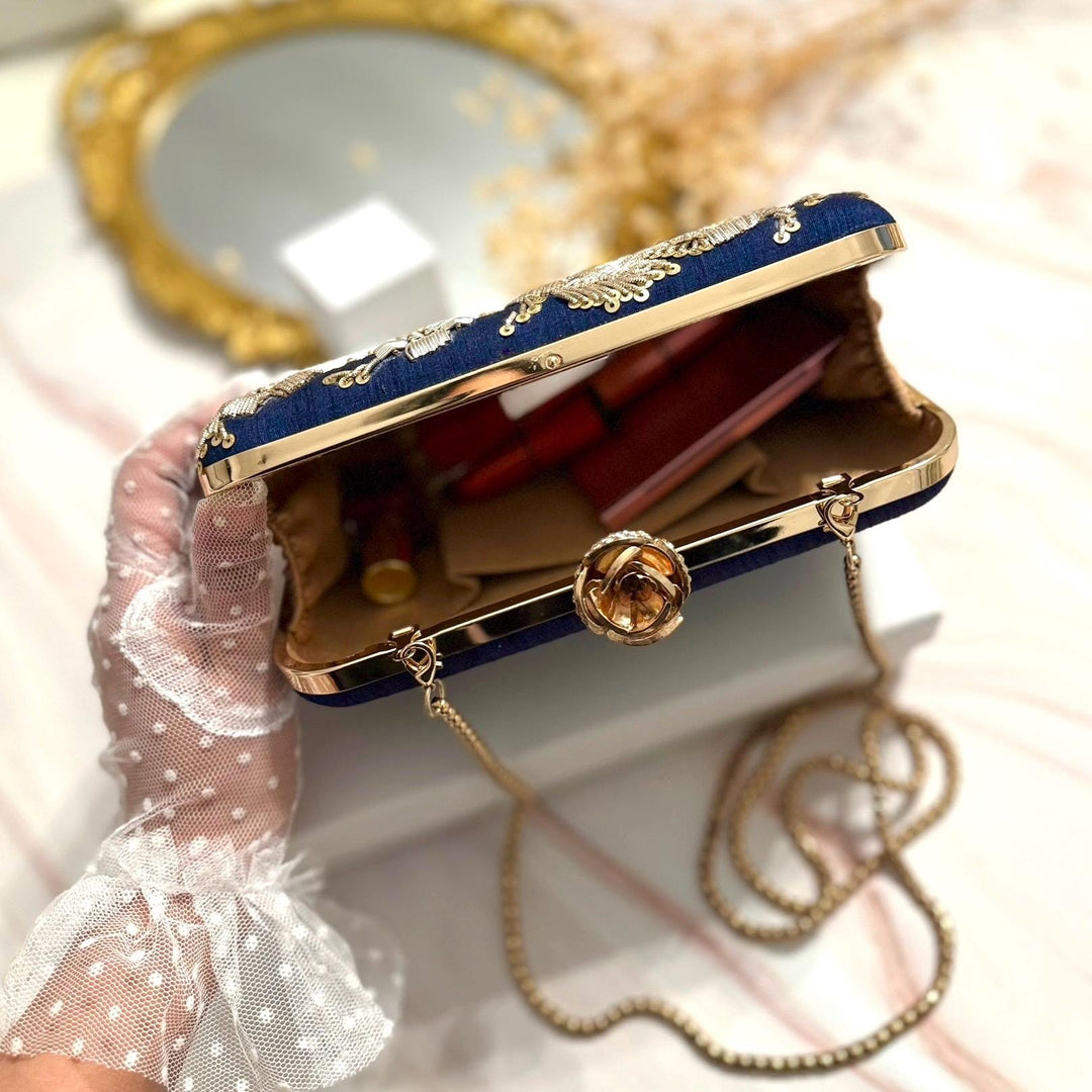 Zardozi Embroidered Midnight Blue Clutch: Handmade Indian Wedding Bag With Dual Tone Embroidery