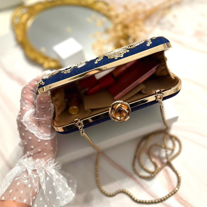 Zardozi Embroidered Midnight Blue Clutch: Handmade Indian Wedding Bag With Dual Tone Embroidery
