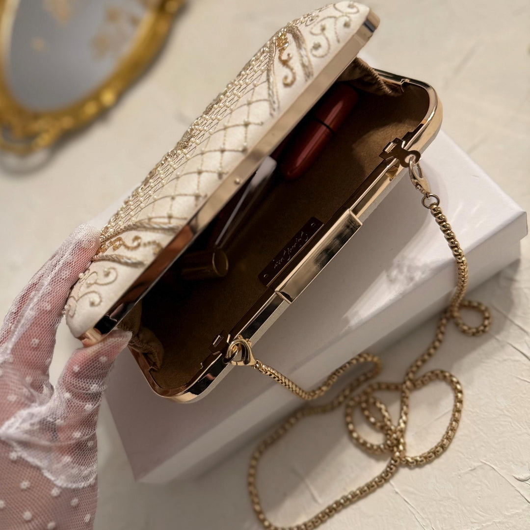 Ivory Beaded Bridal Clutch: Raw Silk Wedding Evening Bag