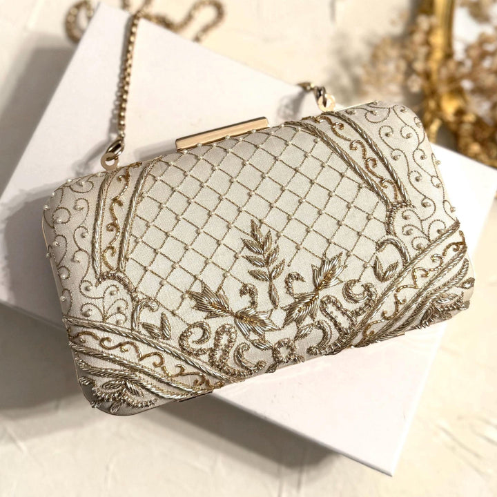 Ivory Beaded Bridal Clutch: Raw Silk Wedding Evening Bag