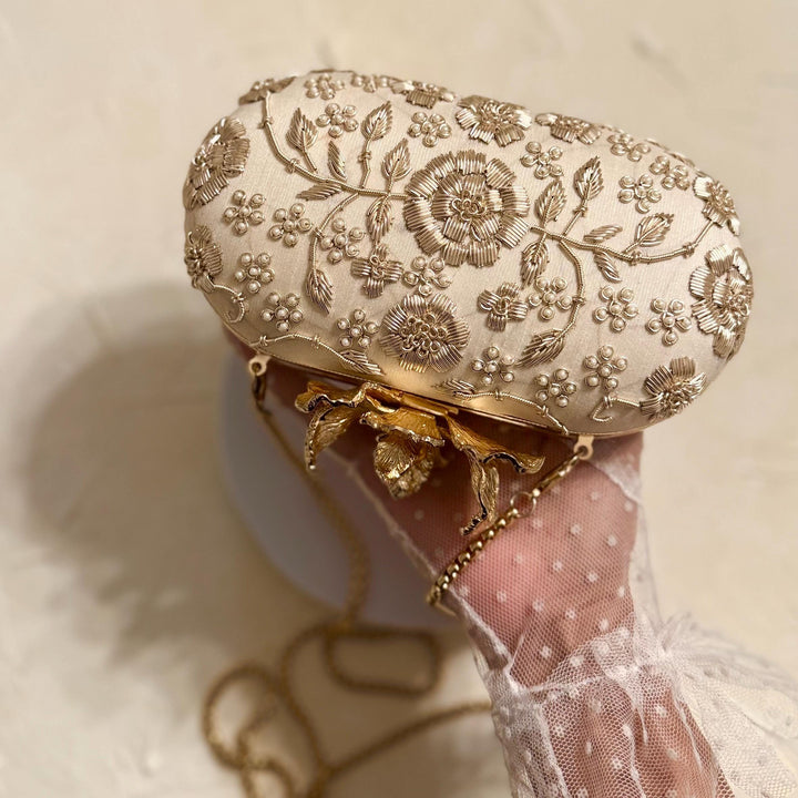 Ivory Bridal Clutch: Raw Silk Beaded Evening Bag with Pearl Flower Knob
