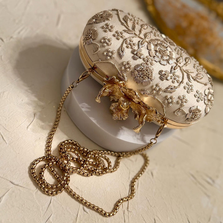 Ivory Bridal Clutch: Raw Silk Beaded Evening Bag with Pearl Flower Knob