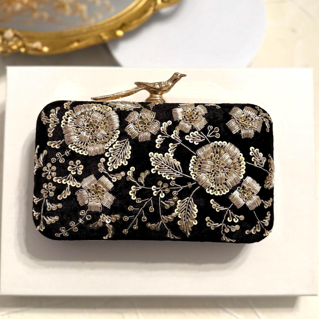 Black Velvet Clutch: Zardosi Embroidery, Bird Knob Evening Bag