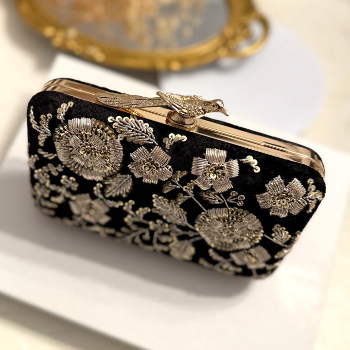 Black Velvet Clutch: Zardosi Embroidery, Bird Knob Evening Bag