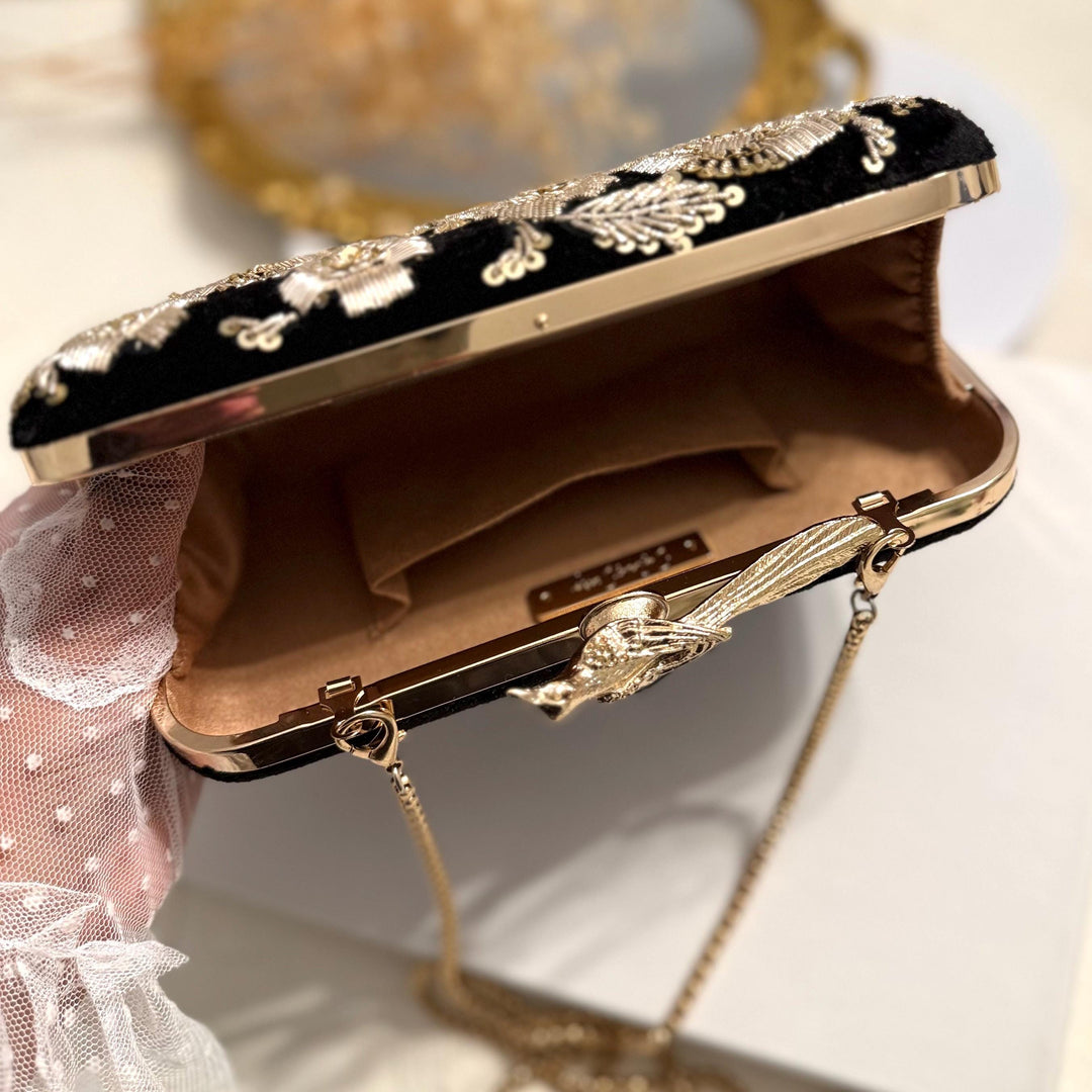 Black Velvet Clutch: Zardosi Embroidery, Bird Knob Evening Bag