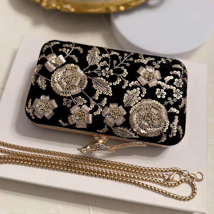 Black Velvet Clutch: Zardosi Embroidery, Bird Knob Evening Bag