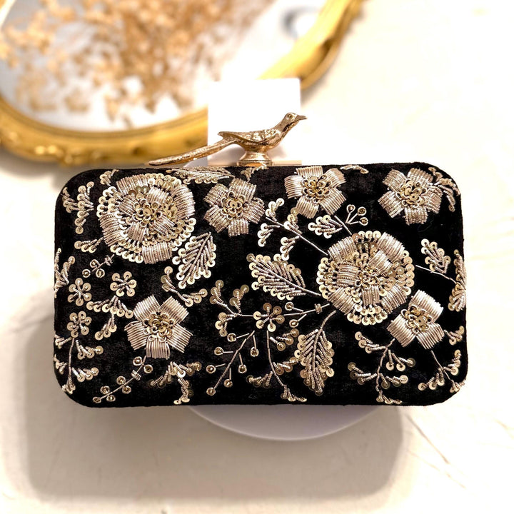 Black Velvet Clutch: Zardosi Embroidery, Bird Knob Evening Bag