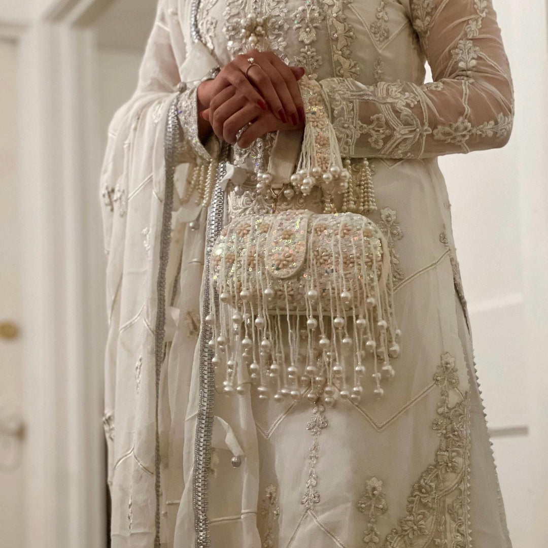 Handmade Ivory Sequin Bridal Clutch with Beaded Tassels