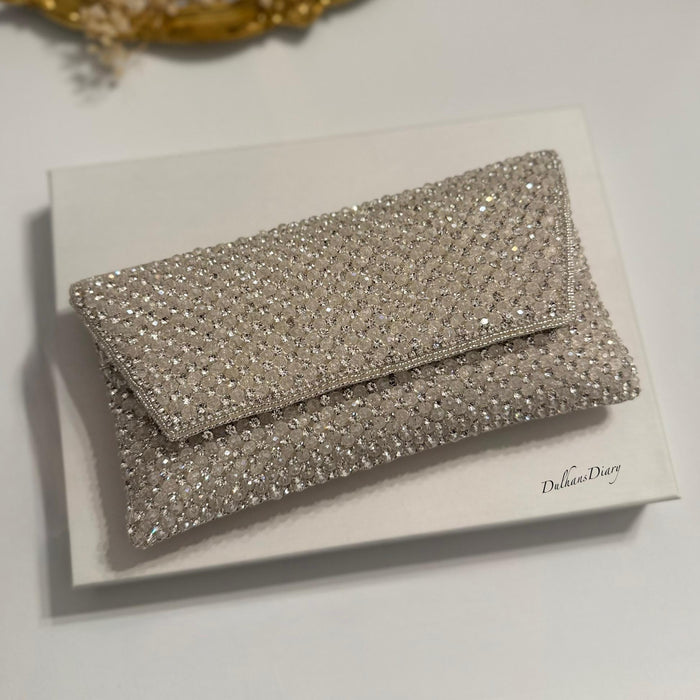 Beaded Bridal Clutch: Silver Crystal Wedding Evening Bag