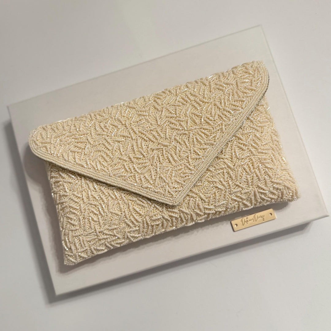 Ivory Beaded Bridal Clutch: Wedding Evening Bag with Chain