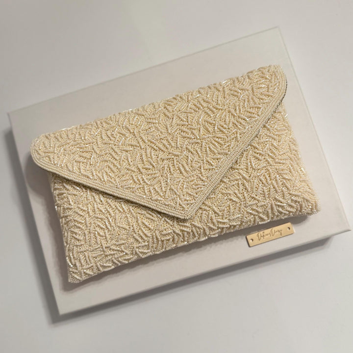 Ivory Beaded Bridal Clutch: Wedding Evening Bag with Chain