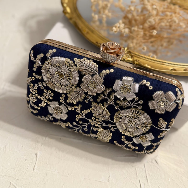 Zardozi Embroidered Midnight Blue Clutch: Handmade Indian Wedding Bag With Dual Tone Embroidery
