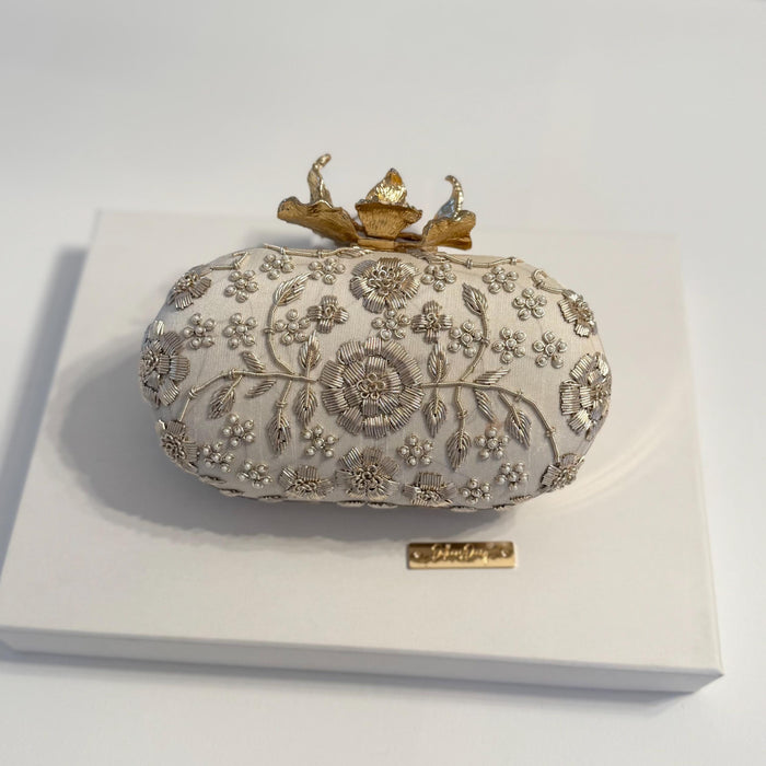 Ivory Bridal Clutch: Raw Silk Beaded Evening Bag with Pearl Flower Knob
