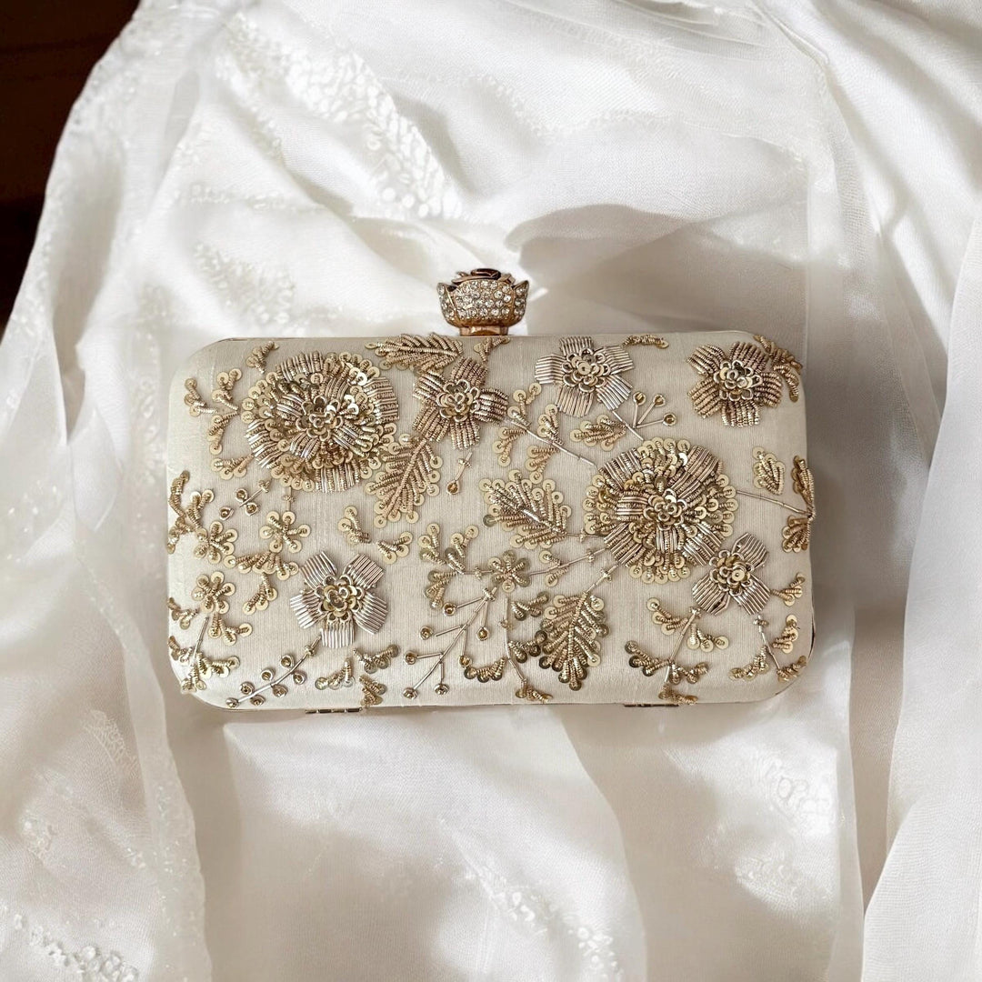 Ivory Bridal Clutch: Zardosi Silk Wedding Bag with Rose Clasp