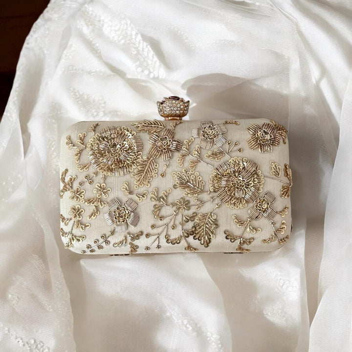 Ivory Bridal Clutch: Zardosi Silk Wedding Bag with Rose Clasp