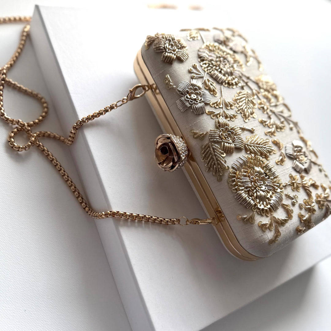 Ivory Bridal Clutch: Zardosi Silk Wedding Bag with Rose Clasp
