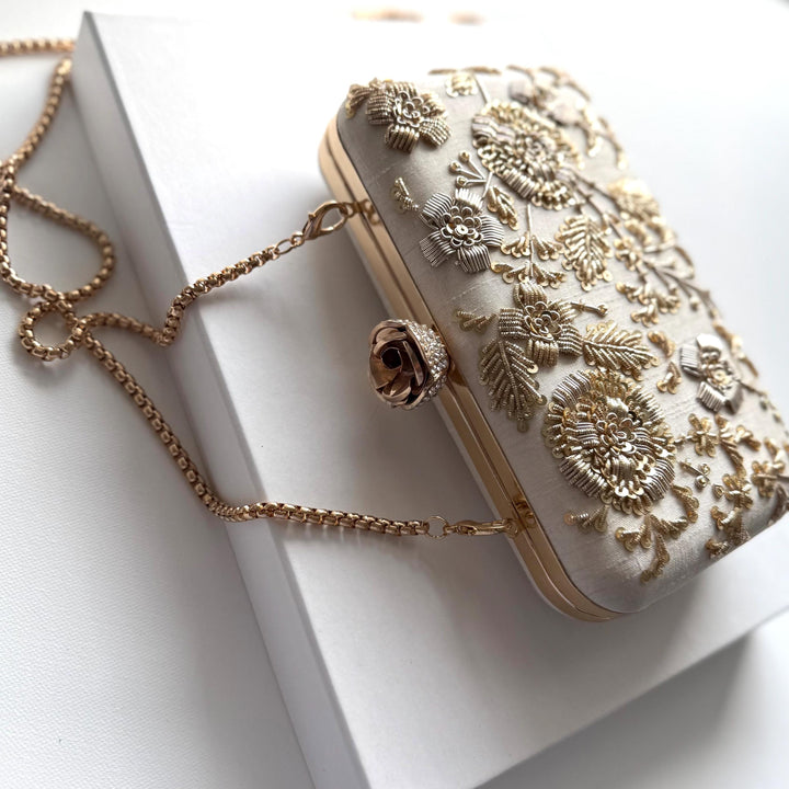 Ivory Bridal Clutch: Zardosi Silk Wedding Bag with Rose Clasp