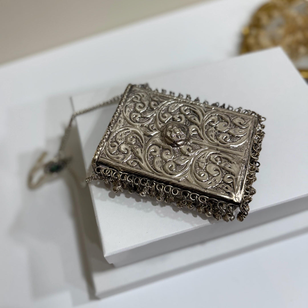 Mobile Shape Silver Clutch: Handmade Indian Brass Handbag with Emerald Pendant