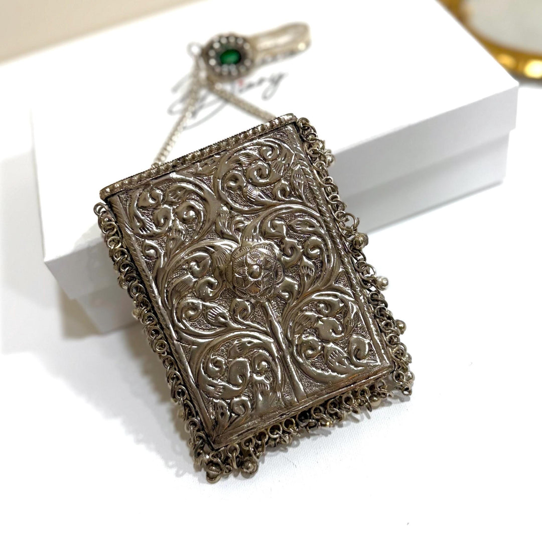 Mobile Shape Silver Clutch: Handmade Indian Brass Handbag with Emerald Pendant